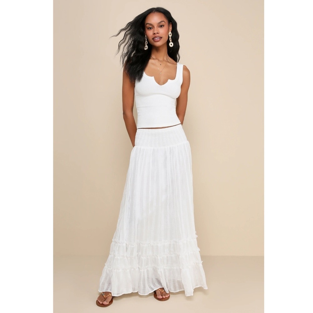 Lulus White Smocked Tiered Maxi Skirt Crinkle Boho XXS whimsy coastal coquette